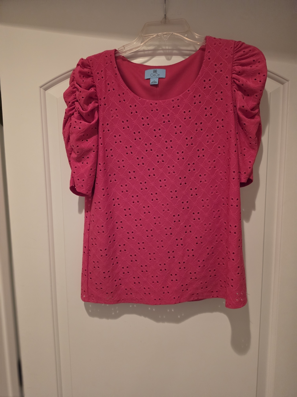 Bright Pink Eyelet Puff-Sleeve Top